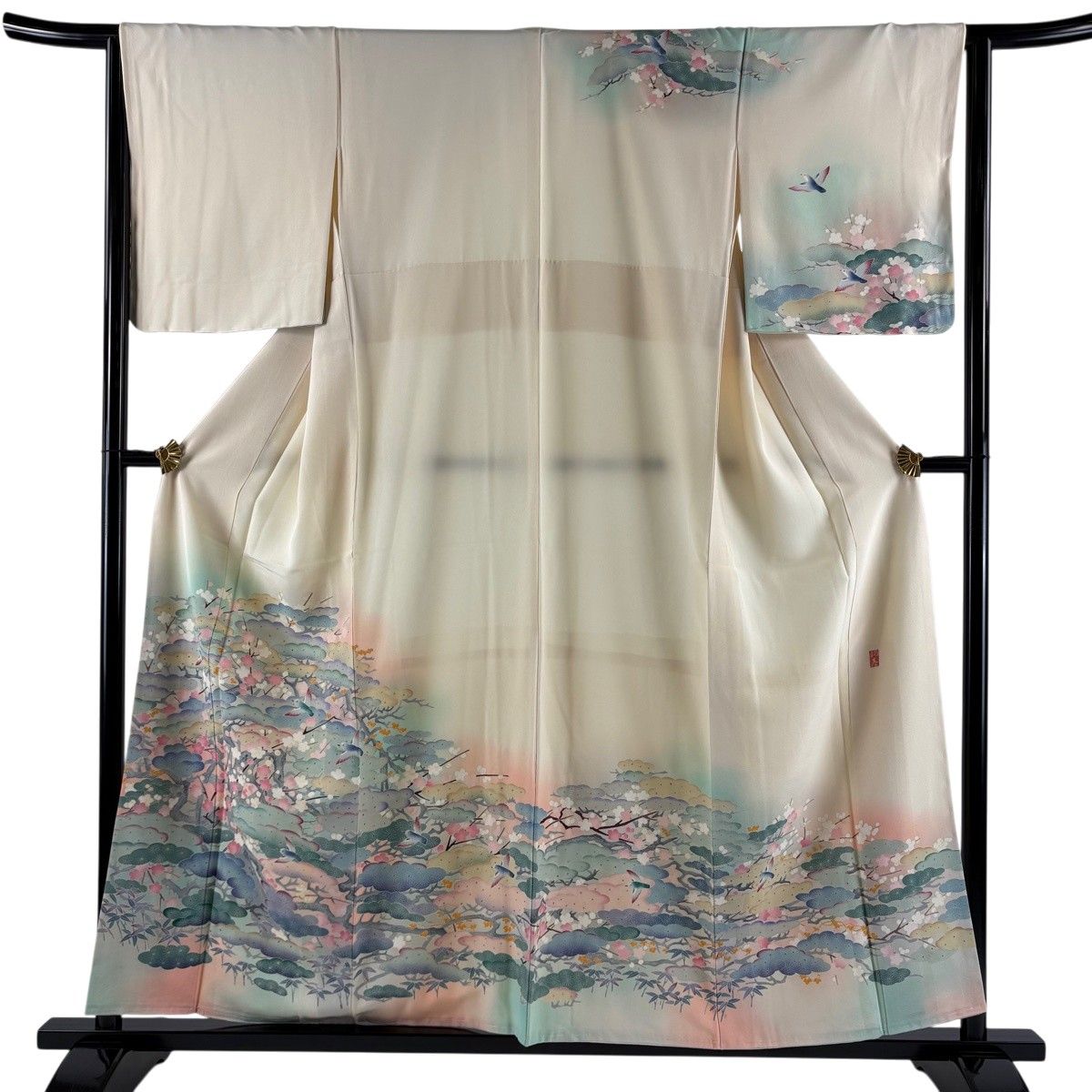 訪問着 身丈156cm 裄丈64.5cm M 袷 落款 松竹梅 鳥 ぼかし ベージュ 正絹 秀品 【中古】