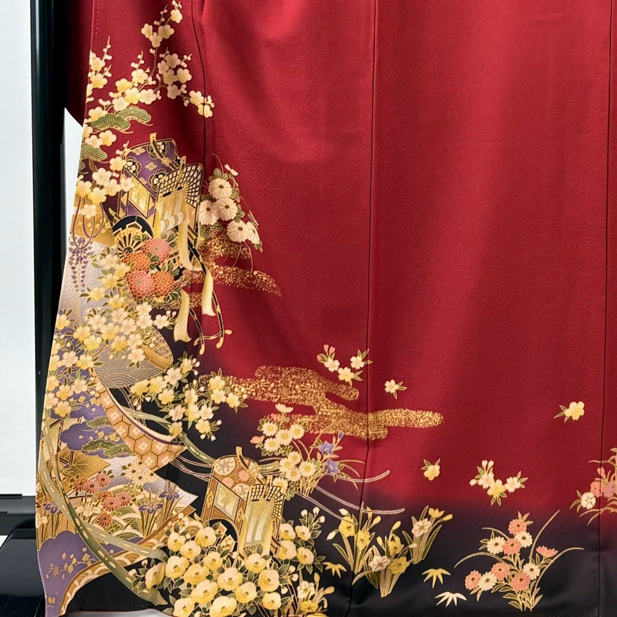正絹 黒 振袖 共八掛 金彩 花柄 ぼかし 成人式 裄68cm 身丈160cm 銀