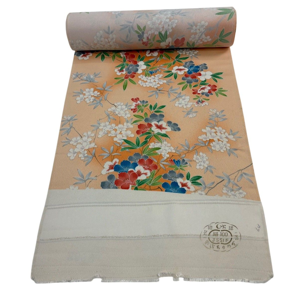 反物 秀品 小紋 枝花 ぼかし 金彩 薄オレンジ 正絹 【中古】