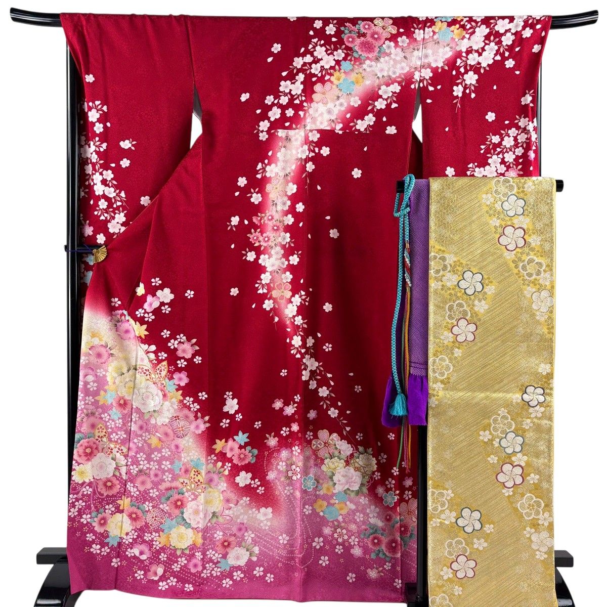 【美品】 振袖 身丈169cm 裄丈69cm L 袷 袋帯フルセット 花束 蝶 箔 金彩 赤 正絹 名品 【中古】 18,760円