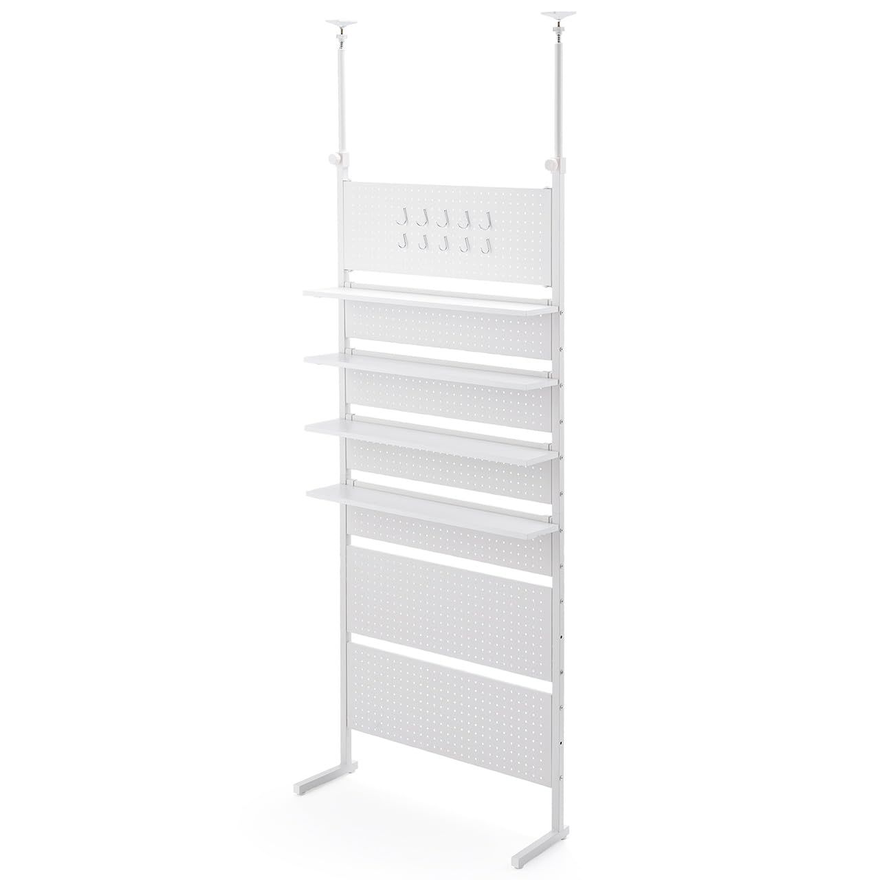 ★新品★サンワダイレクト 突っ張りラック 幅80cm 有孔ボード 棚板4枚 フック10個入り 工事不要 ウォールシェルフ ホワイト 100-TSF006W | 棚,壁面ラック