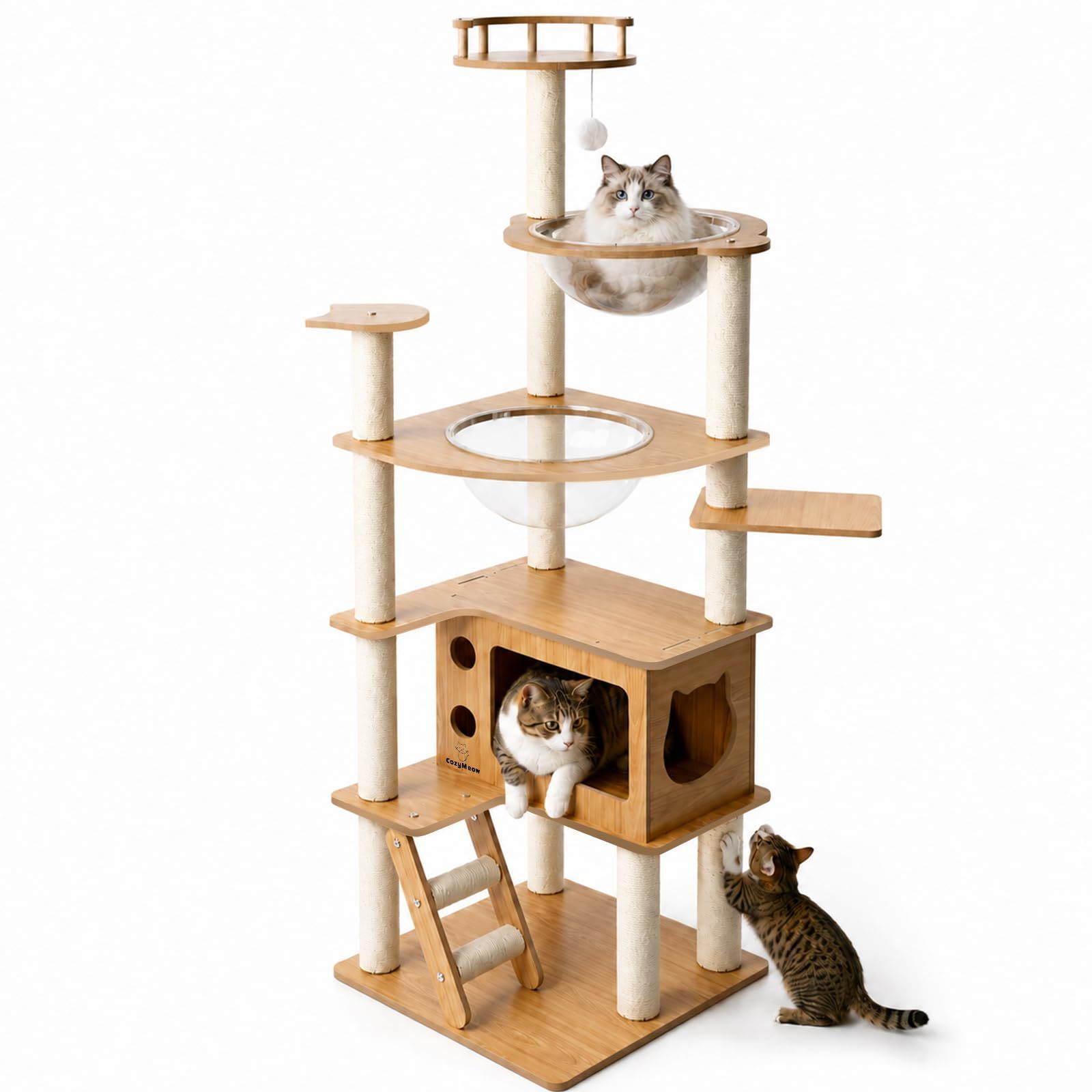 [CozyMeow] キャットタワー 木製 スリム 宇宙船 大型猫用 猫タワー 据え置き キャットウォーク 爪とぎ 多頭飼い 高さ約165cm | キャットハウス付き 全綿縄巻き 多層キャットステップ 安定感のある据え置き設計 爪とぎポール付 e35f8278