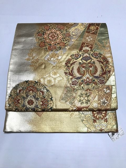 【中古】袋帯 正絹 ゴールド地に短冊鳳凰文様 12,705円