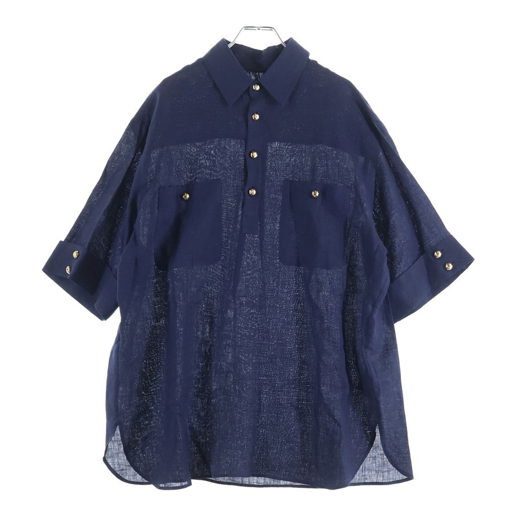 VALENTINO (ヴァレンティノ) LINEN HALF BUTTON SS SHIRT 金ボタン リネン ハーフボタン半袖シャツ ネイビー 7V3AAF25AT7