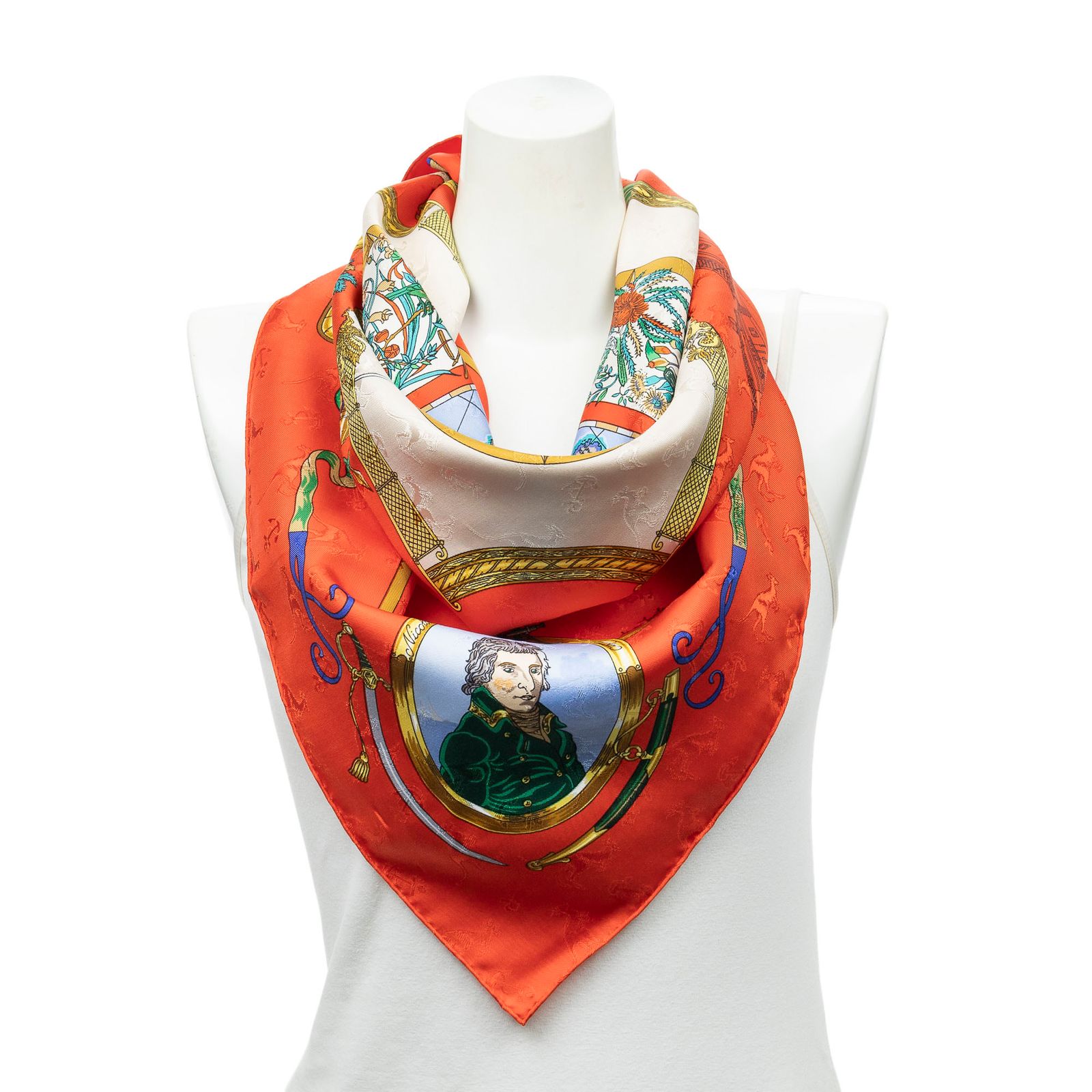[中古] HERMES エルメススカーフ赤、金、ベージュ100% ジャカードシルクA