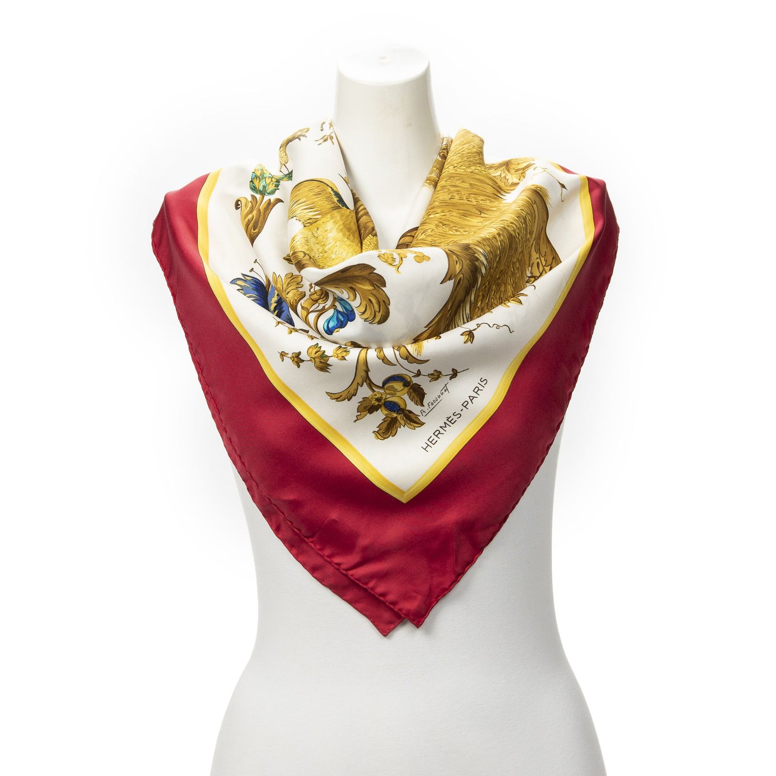 [中古] HERMES エルメススカーフ赤、黄色、アイボリー100% ツイルシルクA