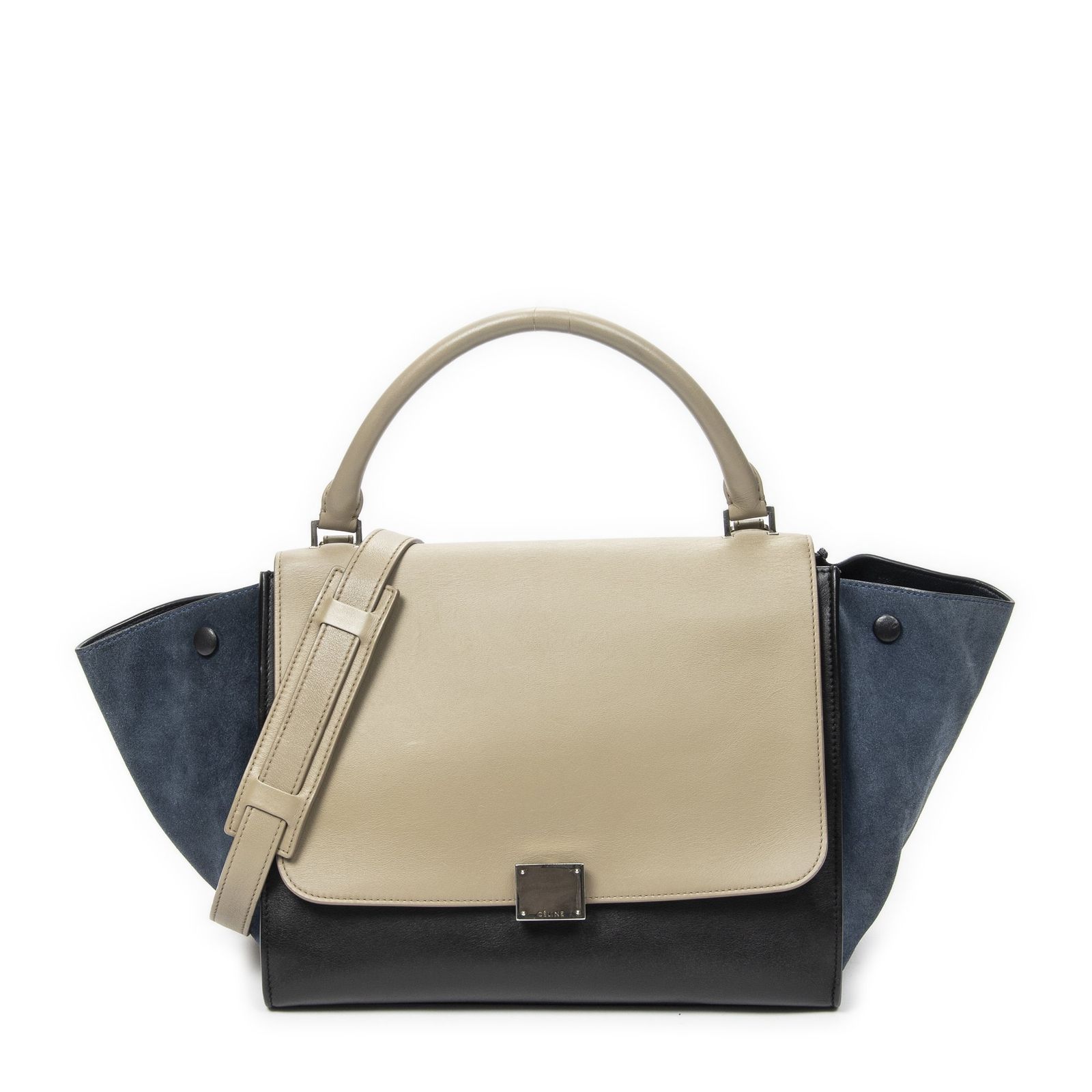[中古] CELINE セリーヌトリコロール ミディアム トラペーズ黒、ベージュ、青カーフスキンレザーA