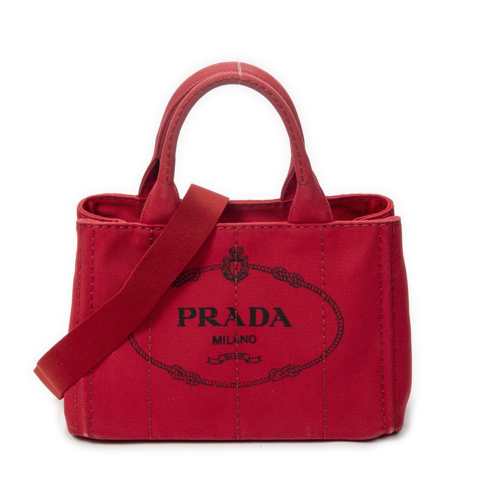 [中古] PRADA プラダカナパ スモール トート赤カナパキャンバスA