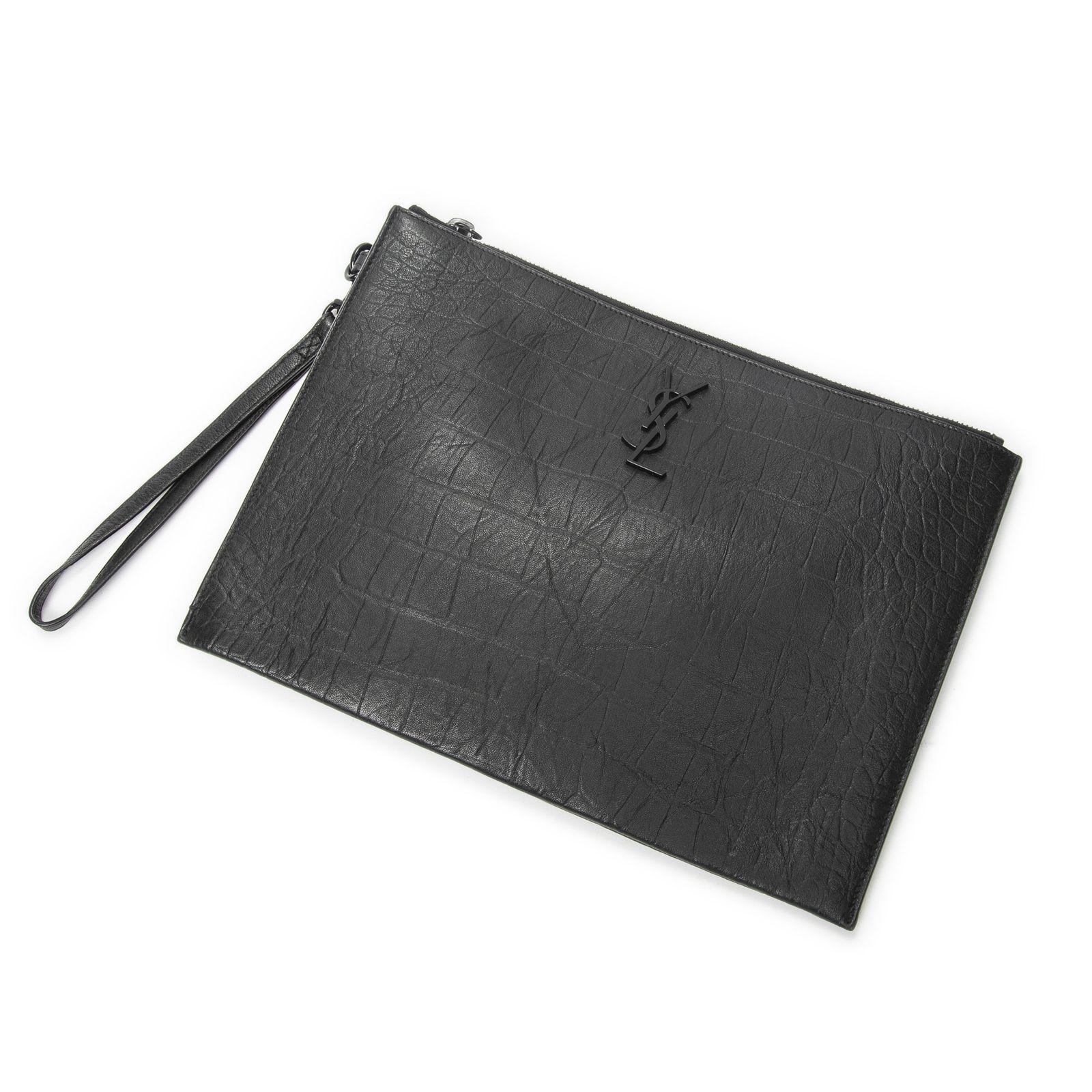 [中古] YVES SAINT LAURENT イヴサンローランTablet Clutchグレークロコ型押しレザーA