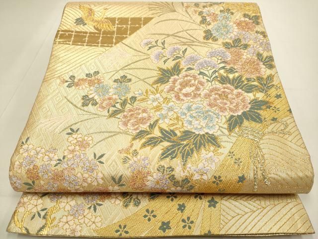 平和屋本店▼佐賀錦　六通柄袋帯　束ね熨斗飛鶴花文　本金箔二重織　正絹　逸品　DABJ3887du