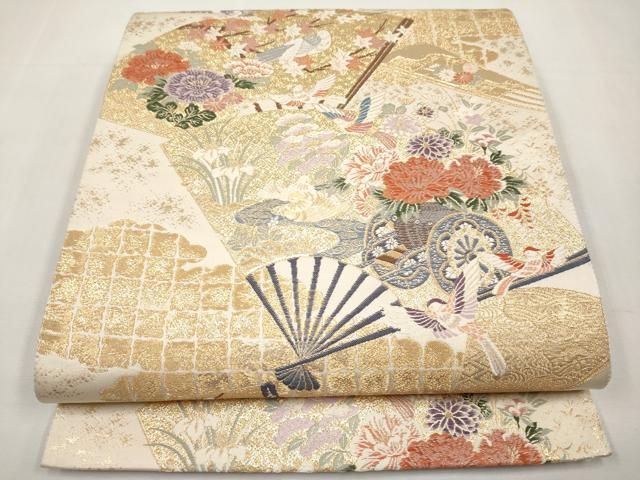 平和屋本店▼六通柄袋帯　唐織　扇面花車文　九百本金弐重織　正絹　逸品　CABL1529tx 11,172円