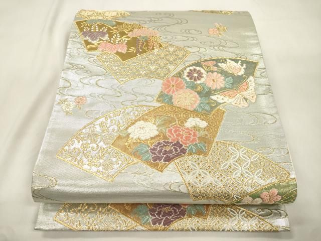 平和屋本店▼六通柄袋帯　唐織　扇面流水文　本金箔　正絹　逸品　CABL4639dy