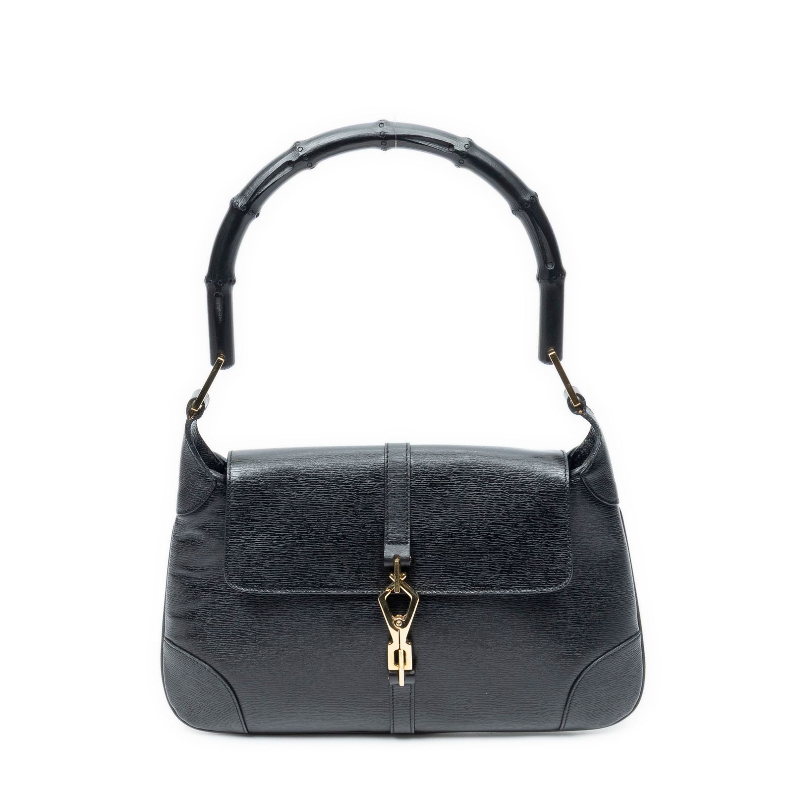 [中古] GUCCI グッチ竹フラップジャッキー黒テクスチャードレザーA