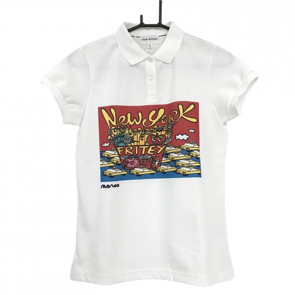 【新品】ジャックバニー 半袖ポロシャツ 白×レッド フロントプリント PETER MARCO レディース 1(M) ゴルフウェア Jack Bunny