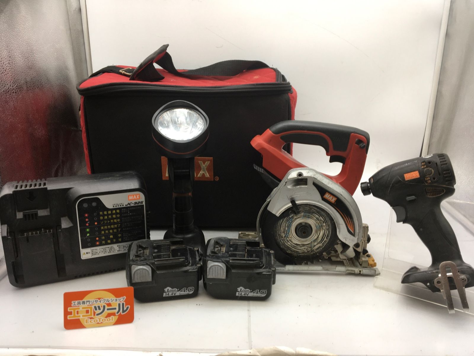 【中古品】MAX/マックス D144/AJ-LT31 ☆ 充電式丸ノコ/ドライバ/ランタン/バッテリ2個/充電器セット PJ-CS51/PJ-ID144/AJ-FL41 [IT_U0PCS][知立][M04]