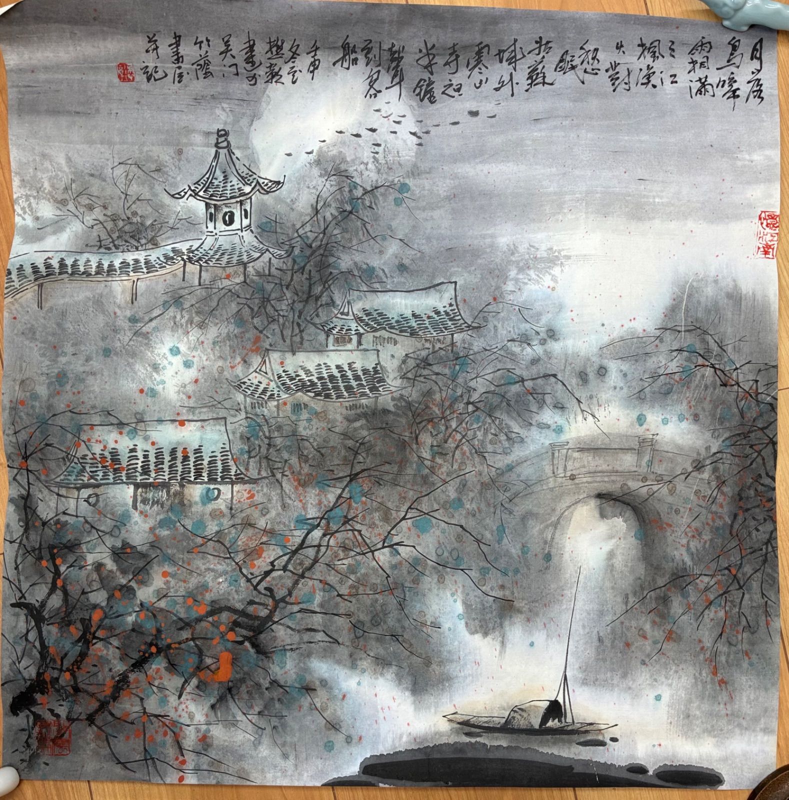 まくり「楓橋夜泊」詩意図 水墨山水画