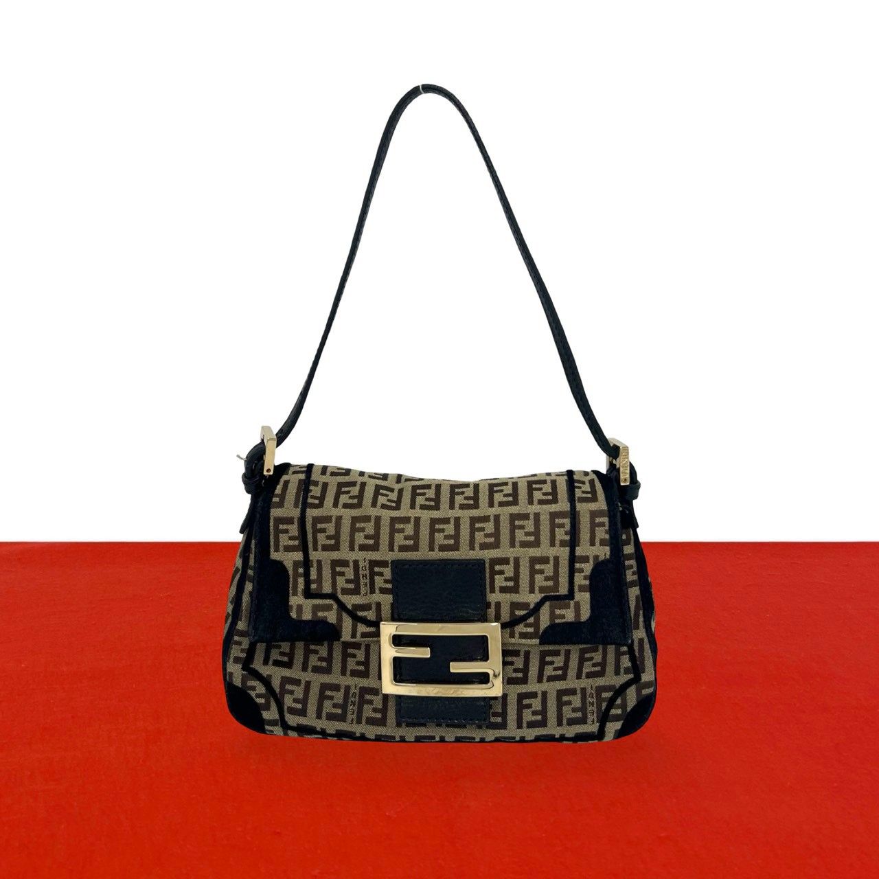 極 美品 FENDI フェンディ ズッキーノ FF 柄 キャンバス レザー 本革 セミ ワン ショルダーバッグ ハンドバッグ ブラウン ブラック 26242
