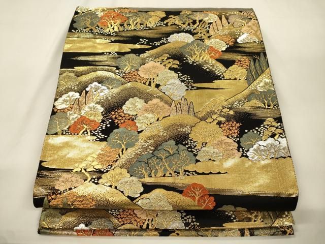 平和屋本店▼六通柄袋帯　蒔絵遠山重ね　黒地　手織二重箔　純金箔　正絹　逸品　CABL4562dy