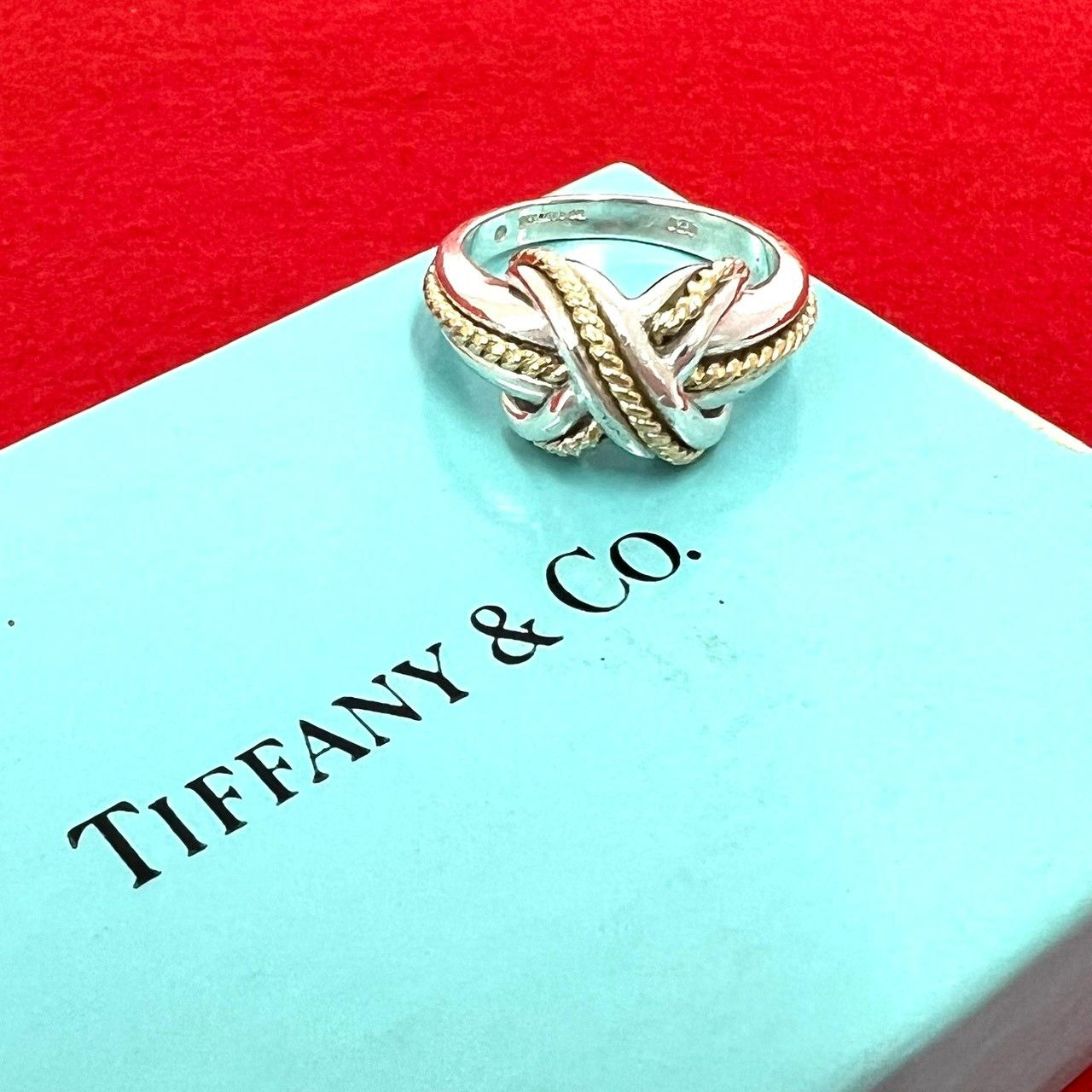 極 美品 箱付 TIFFANY&Co. ティファニー ヴィンテージ シグネチャークロス リング 925 K18 750 YG 指輪 13号 シルバー ゴールド 09198