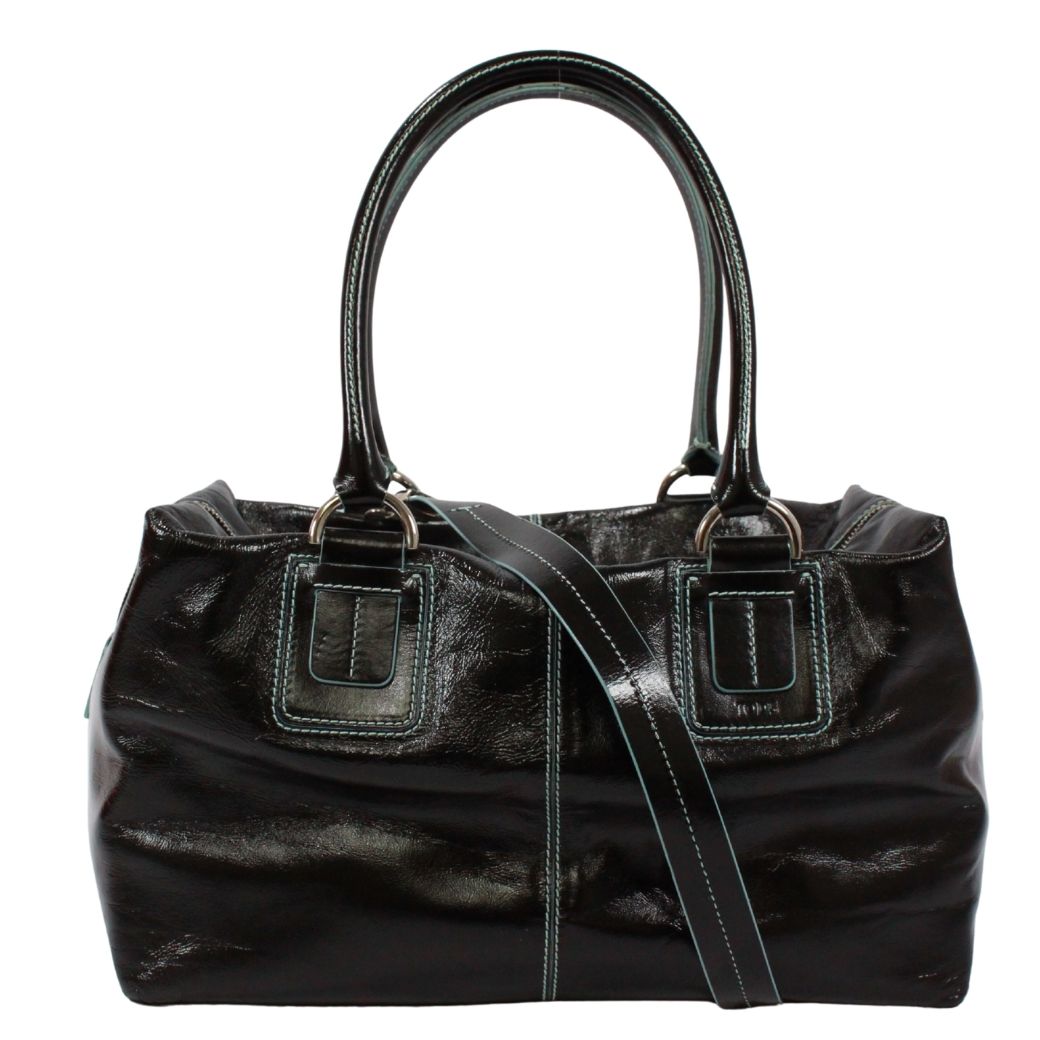TOD’S トッズ ステッチ 2WAYハンドバッグ ハンドバッグ パテントレザー ブラック/ライトブルー【中古】 レディース