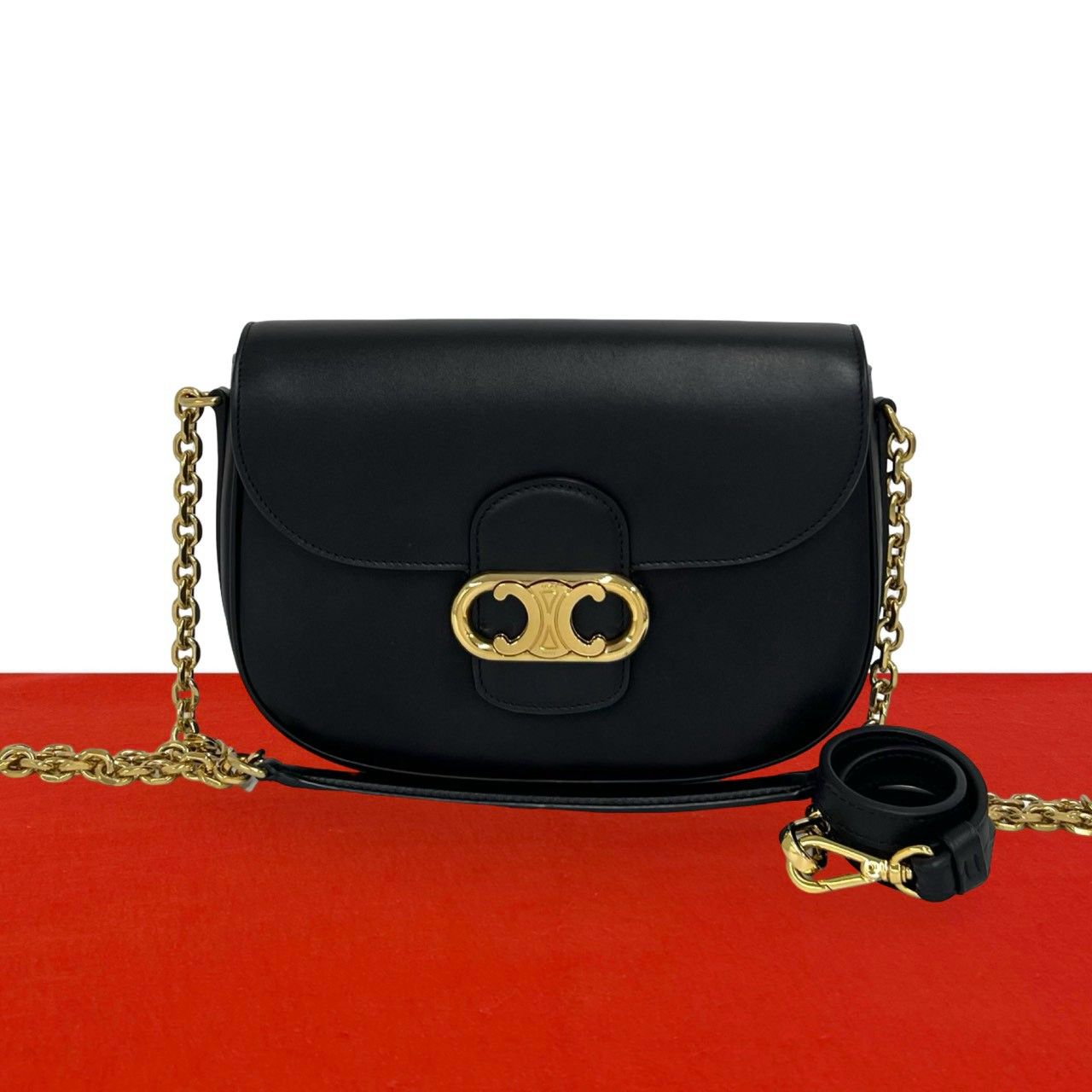 極 美品 CELINE セリーヌ マイヨン トリオンフ ロゴ 金具 レザー 本革 2way チェーン ショルダーバッグ ハンドバッグ ブラック 08957