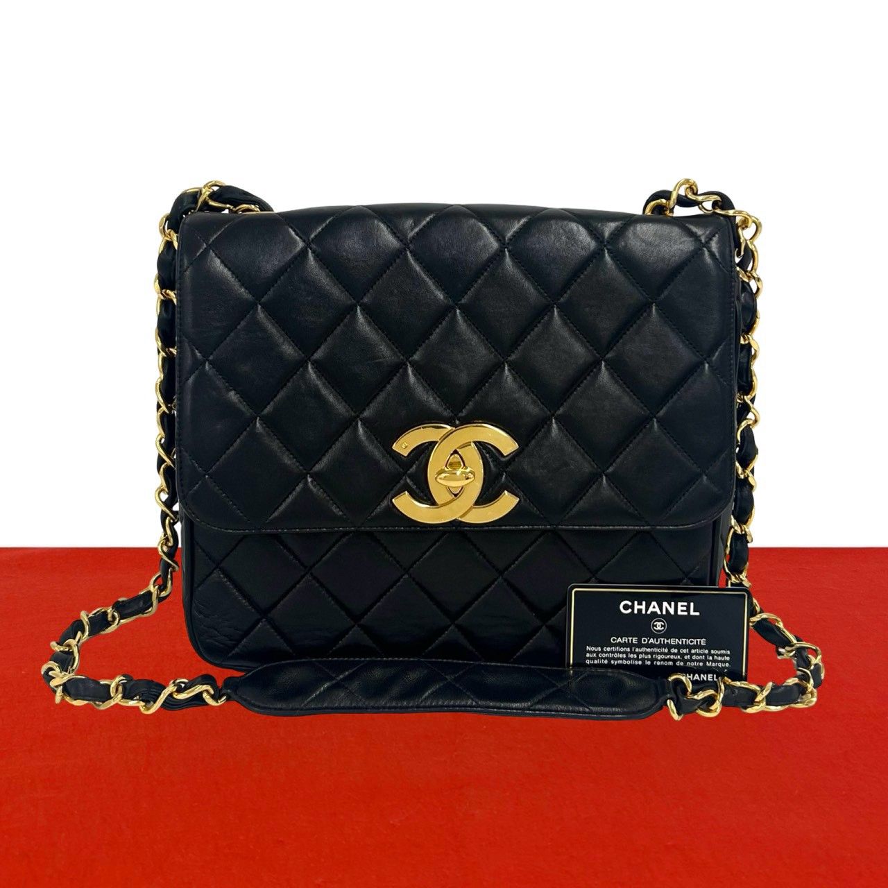 極 美品 カード シール有 3番台 CHANEL シャネル ヴィンテージ マトラッセ ココマーク ラムスキン チェーン ショルダーバッグ 黒 40724