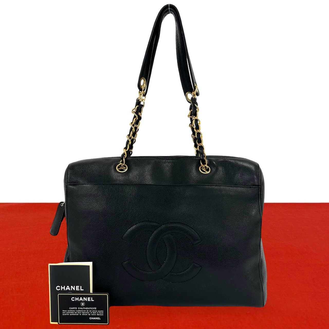 極 美品 カード シール有 5番台 CHANEL シャネル ヴィンテージ ココマーク キャビアスキン レザー 本革 トートバッグ ブラック 18483