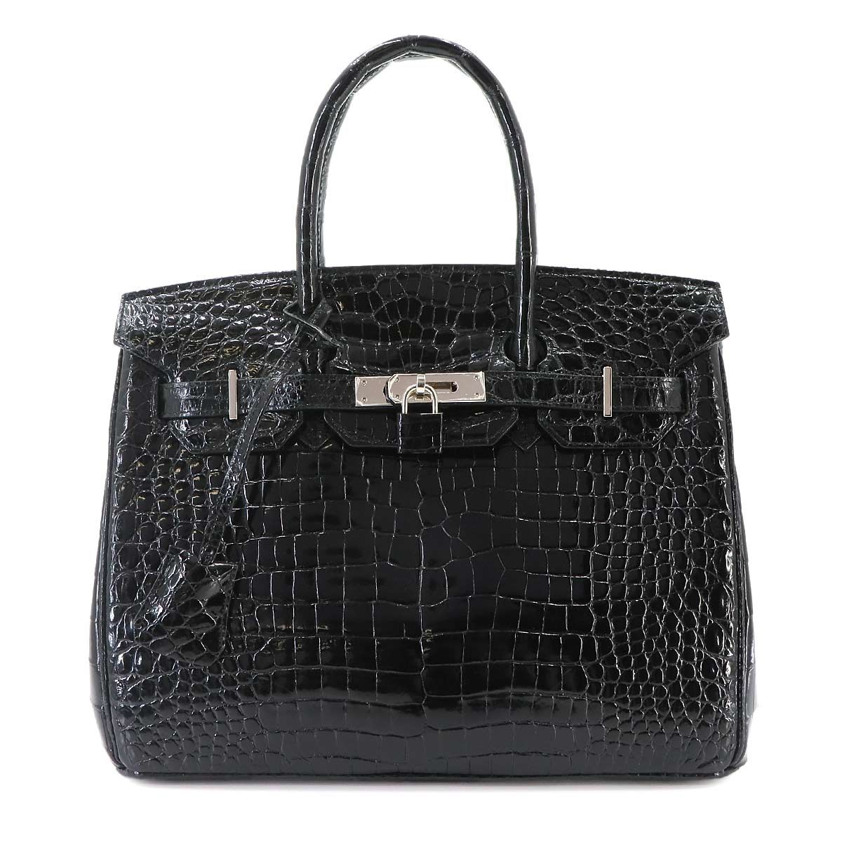 新品同様 タケチ Takechi クロコダイル ハンド バッグ ブラック シルバー 金具 エキゾチックレザー Hand Bag 90335384