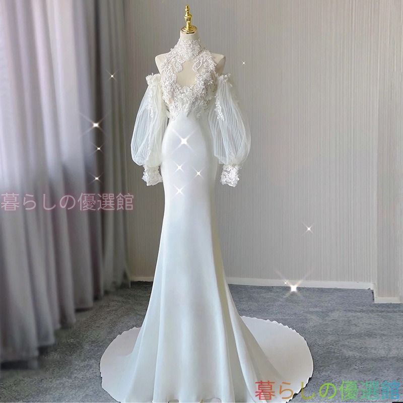 人気ウエディングドレス 長袖 パフスリーブ ロングドレス 結婚式 二次会 花嫁 白 スレンダーライン マーメイドライン 袖あり シースルー ホルダーネック レース刺繍 豪華 シンプル クラシカル lf0317
