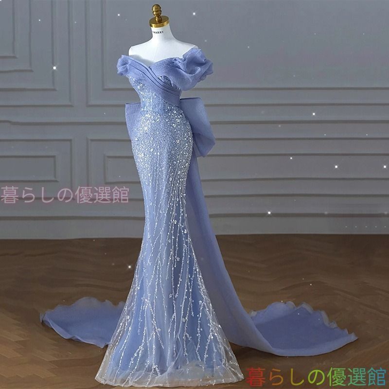 人気イブニングドレス パーティードレス ロングドレス ブルー 演奏会 大人 ピアノ 発表会 着痩せ ドレス オフショルダー スリットタイト ビックリボン フィッシュテール スパンコール lf0317 14,801円