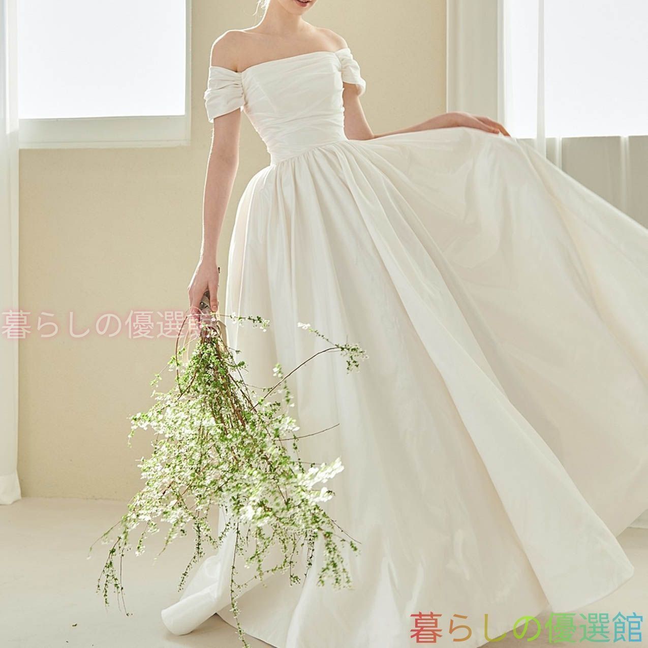 人気ウェディングドレス ロング 白 Aライン オフショルダー 半袖 上品 花嫁 結婚式 二次会 ブライダルlf0318