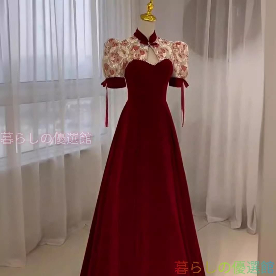 人気イブニングドレス ワイン赤 ベルベット パフスリーブ チャイナカラー シフォン 半袖 結婚式ドレス 二次会ドレス ワインレッド ゲストドレス ロングドレス Aライン パーティードレス lf0319