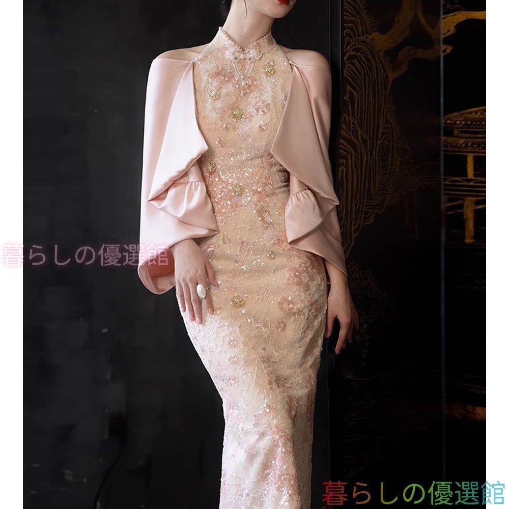 人気チャイナドレス ミディアム 袖あり スリット入り ピンク 演奏会 パーティー 結婚式 お呼ばれlf0318