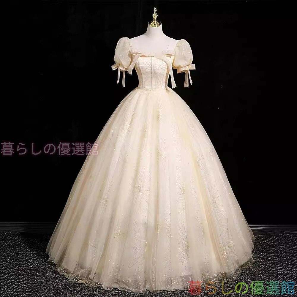 人気ドレス ピアノ 発表会 ロングドレス イブニングドレス ホワイト 白 演奏会 結婚式 ピアノ発表会 袖付き パフスリーブ かわいい プリンセス風 編み上げ ロング ワンピ lf0317