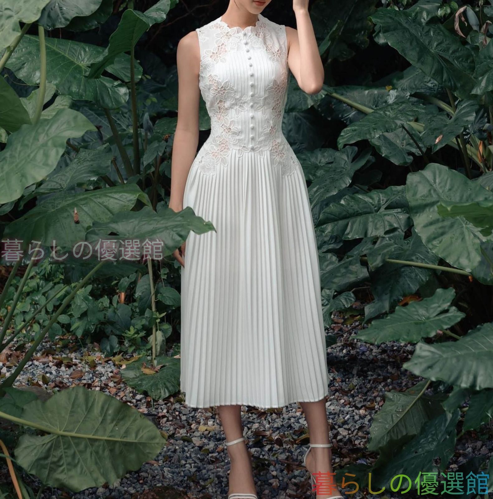 人気チャイナドレス風 ワンピース レース レディース 春夏秋 ミモレ丈 スリム ノースリーブ 白 ホワイト パーティードレス 結婚式 着痩せ OL 通勤 二次会 普段着 キレイめ エレガント lf0317
