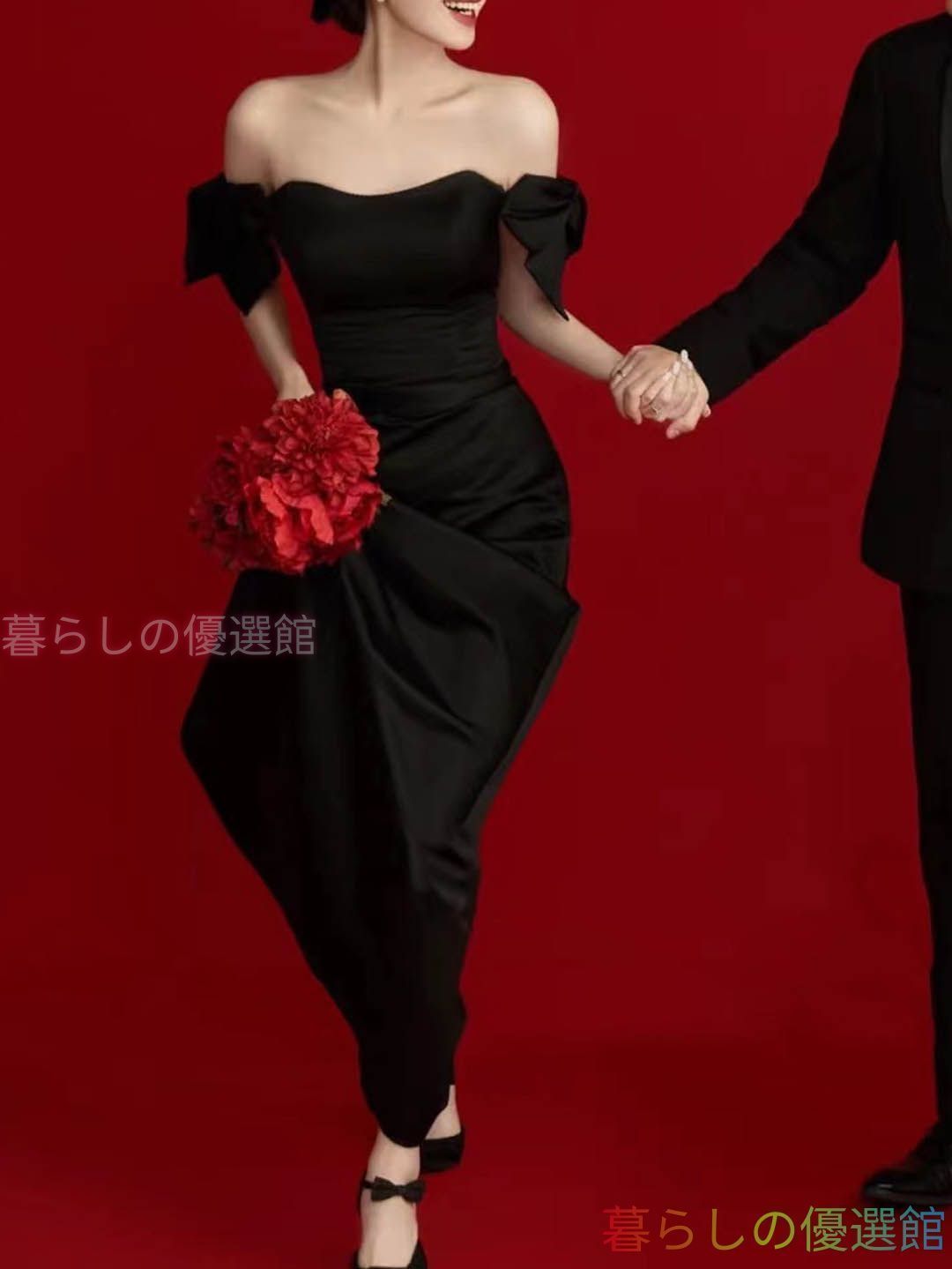 人気イブニングドレス ロング 黒 チューブトップ オフショルダー Aライン リボン パーティー 演奏会 二次会 結婚式lf0318