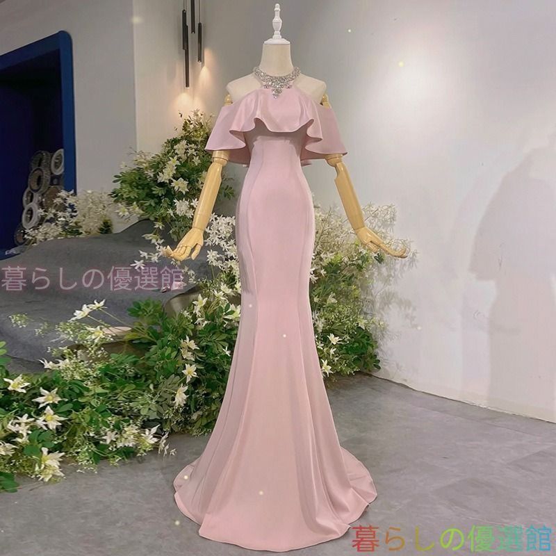人気カラードレス ピンク ロング パーティー 発表会 演奏会 オフショルダー 袖付き マーメイドlf0318 9,918円