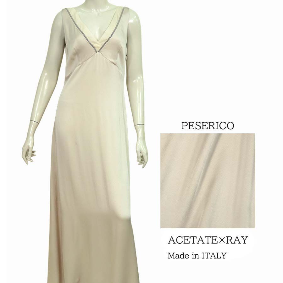 【定価￥175,000の90％OFF】PESERICO【ペセリコ】【訳あり】【春夏物】【レディース】フロントVネックボールチェーン飾りイブニングドレス/シャンパンベージュ【サイズ42】【イタリア製】ｖ