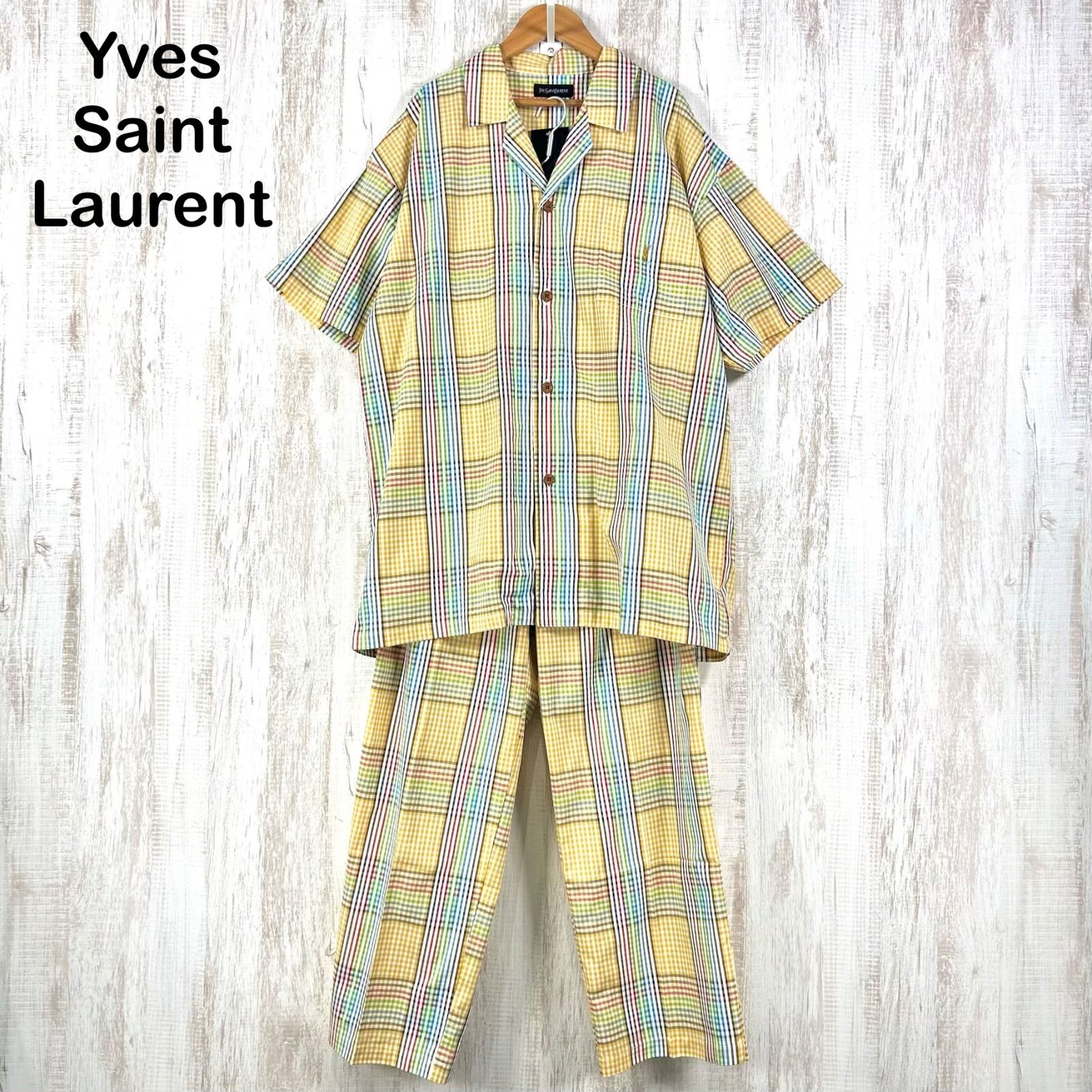 新品未使用 美品 Yves Saint Laurent イヴサンローラン カサンドラロゴ刺繡 マルチチェック パジャマ イエロー