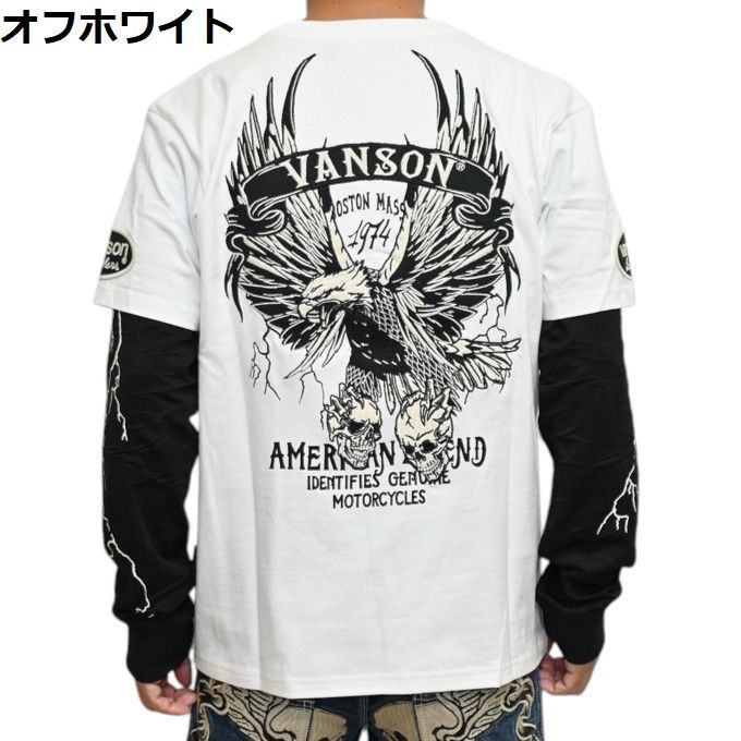 バンソン VANSON NVLT-2608 オフホワイト色 フェイク 袖 長袖Ｔシャツ ロンＴ フライングイーグル ふくれジャガード切替 バイカー トップス メンズ nvlt-2608