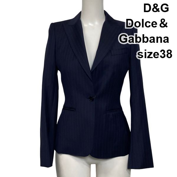 ●◆ ディーアンドジー D&G テーラードジャケット ブレザー 長袖 ピンストライプ シングルブレスト 紺 ウール 38 M 9号 レディース S6I869