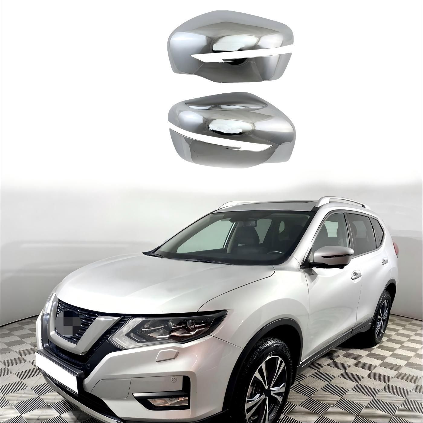 日産 エクストレイル 2014～2020年／ムラーノ・キックス・テラ対応 ドアミラーカバー 左右2枚セット シルバー ABS製 光沢仕上げ 外装アクセントパーツ