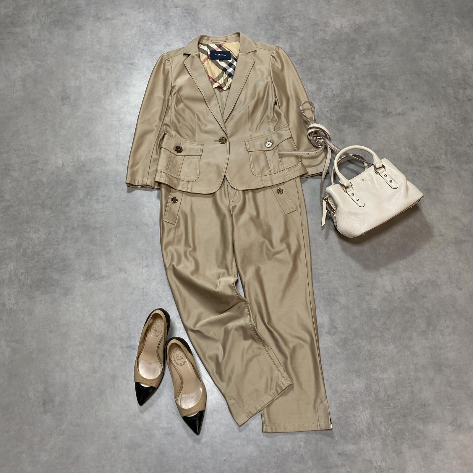 WH229●BURBERRY LONDON：パンツスーツセットアップ ●38● ベージュ テーラードジャケット クロップド丈パンツ バーバリーロンドン日本製 コットン オフィスカジュアル セレモニー コットン 9,472円