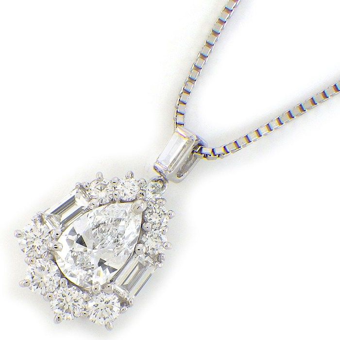 【ペアシェイプダイヤモンド 】 ネックレス ドロップモチーフ ペアシェイプ ダイヤモンド 0.885ct(E/SI1) ダイヤモンド 計0.92ct PT900 PT850 【中古】