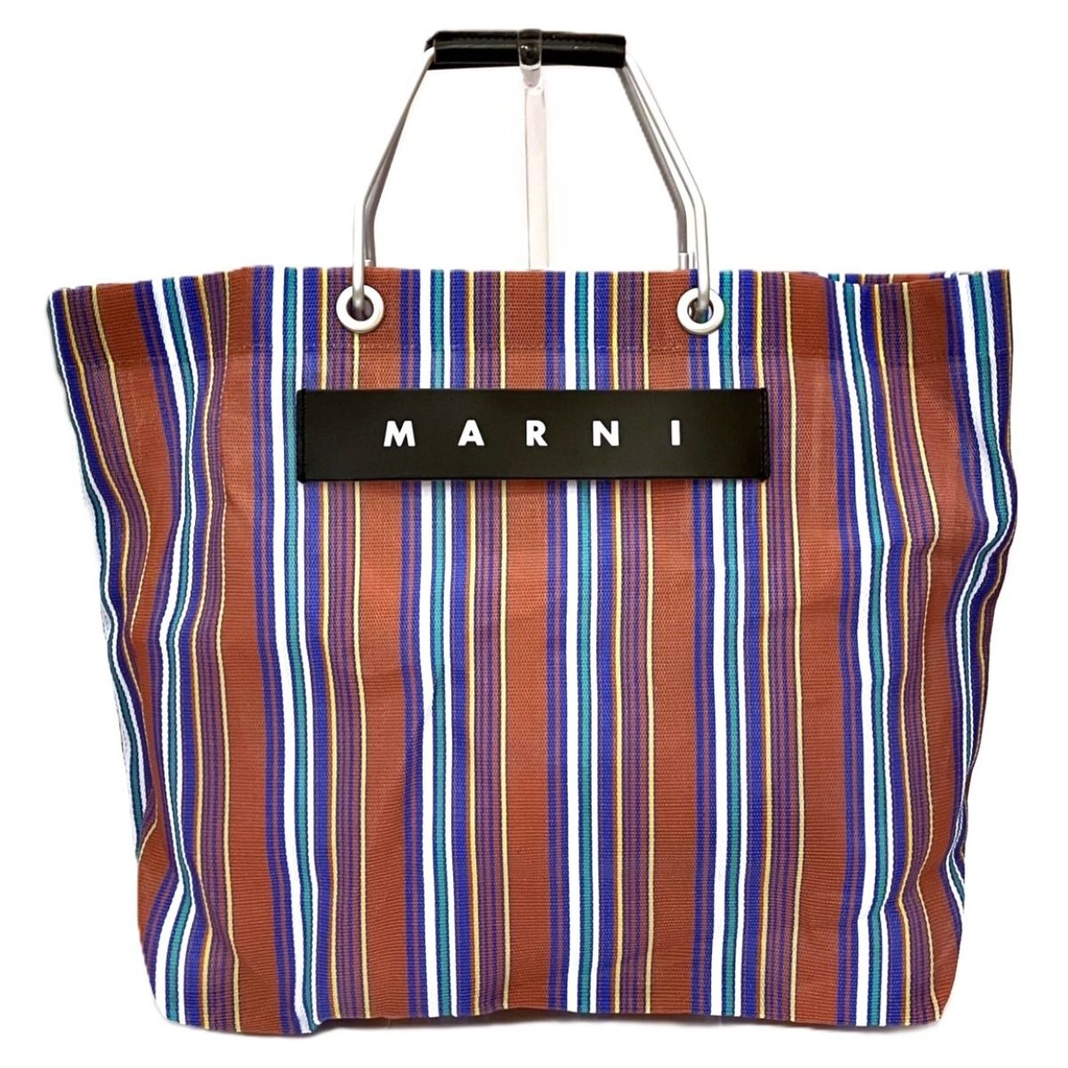 マルニ MARNI フラワー カフェ ストライプ トートバッグ ナイロン レザー 金属 レディース