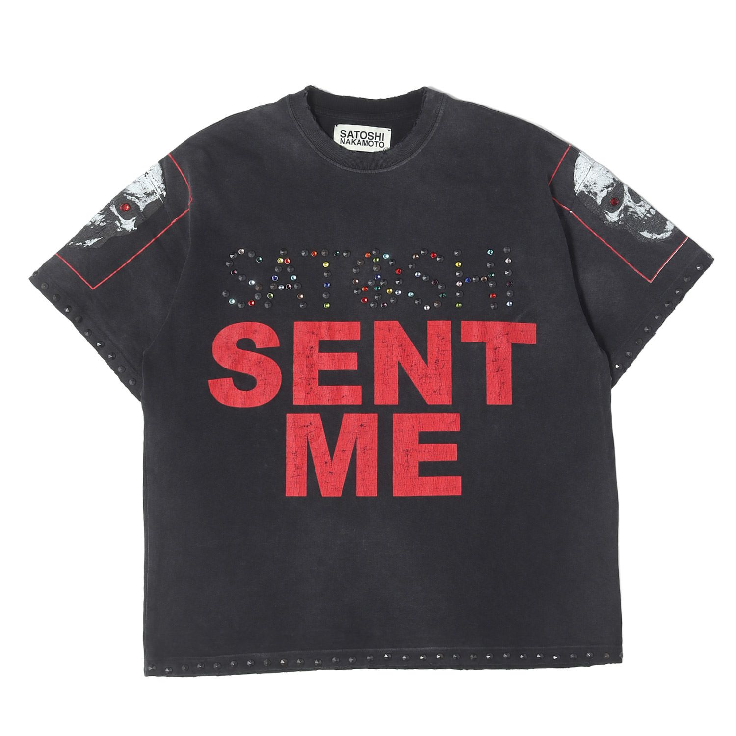 【新品同様】SATOSHI NAKAMOTO サトシナカモト Tシャツ ブラック 黒 L 26SS ダメージ加工 スタッズ付き オーバーサイズ Tシャツ SATOSHI SENT ME TEE ss26tee013-blk-blk USA製【メンズ】【中古】