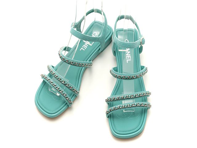 CHANEL シャネル チェーンサンダル/38C/ターコイズ/SV/革 G40022 レディース【中古】432