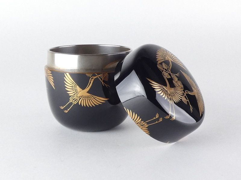 吉田華正「松喰鶴蒔絵 大棗」共箱 保証品 内銀地 茶道具 /R(tn19