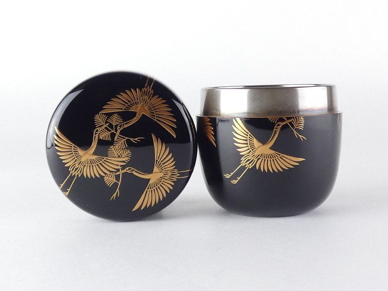 吉田華正「松喰鶴蒔絵 大棗」共箱 保証品 内銀地 茶道具 /R(tn19