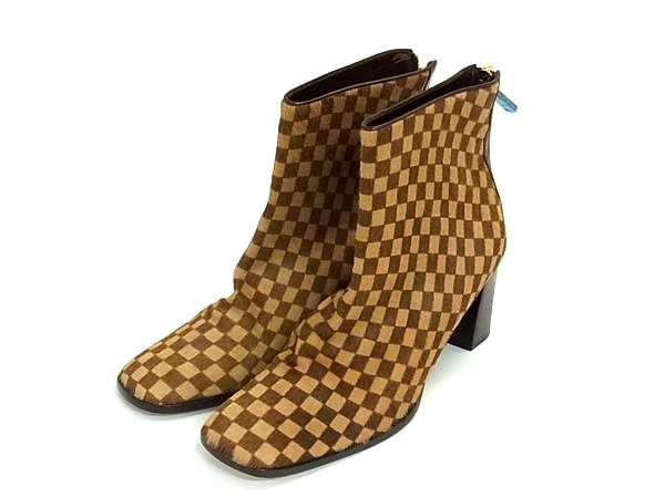 ■美品■ LOUIS VUITTON ルイヴィトン ダミエ ハラコ ショートブーツ ヒール 表記サイズ 36 (約23cm) 靴 シューズ ブラウン系 HE1342
